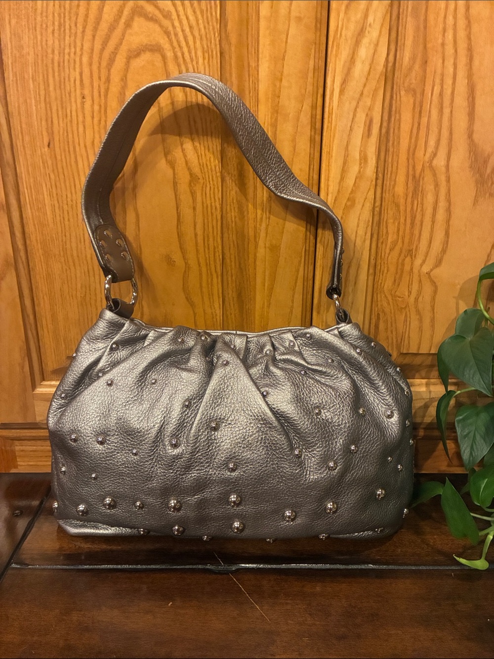 Like New B.Makowsky Metallic Silver Rouched Leather Studded Shoulder Bag  (ABBA)